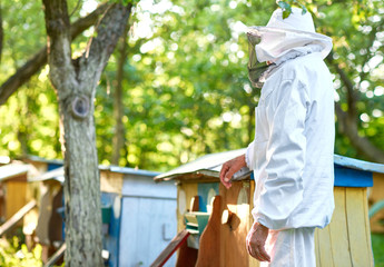 Monochrome portrait of a senior man wearing beekeeping suit posing at his apiary in the garden copyspace profession occupation farmer farming job hobby lifestyle concept.