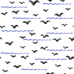 Hand painted seamless watercolor pattern. Abstract watercolor black birds with blue waves. Seamless pattern with watercolor birds and waves.