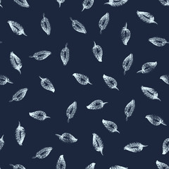 Hand drawned seamless watercolor pattern. Abstract watercolor pattern with leaves in white and dark blue. Seamless pattern with watercolor leaves on dark blue background.