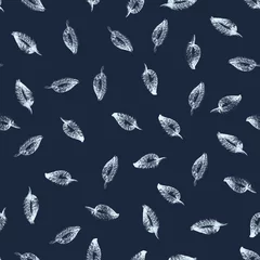 Fototapete Dunkelblau Handgezeichnetes nahtloses Aquarellmuster. Abstraktes Aquarellmuster mit Blättern in Weiß und Dunkelblau. Nahtloses Muster mit Aquarellblättern auf dunkelblauem Hintergrund.