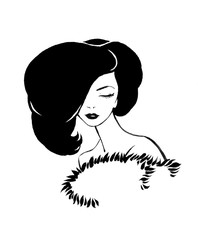 Hand drawned ink woman's portrait with luxuriant hair. Abstract watercolor luxuriant hair and fur in black and white. Ink woman's fashion portrait. For advertisment case.