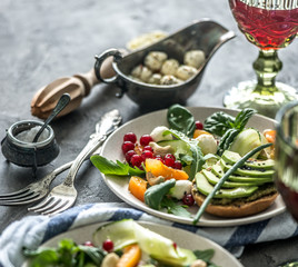 Vegetarian dinner - salad and wine