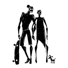 Skateboard. Silhouettes of woman and man.