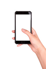 Smartphone in hand on a white background. Using the smartphone.