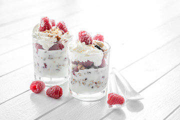Granola with yoghurt and raspberry