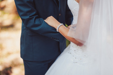 Holding hands. Closeup view of married couple holding hands