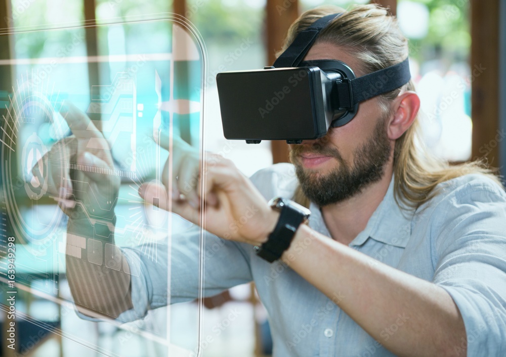 Poster man in vr headset touching interface