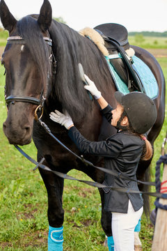 Pretty little girl jockey attend and brushing her horse