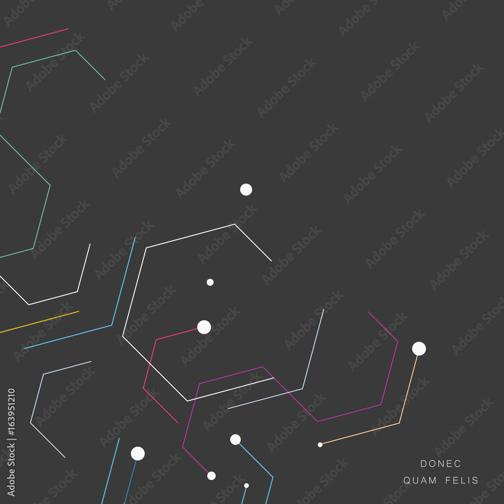 Poster pieces contours of hexagons on dark background. technological drawing in minimal style