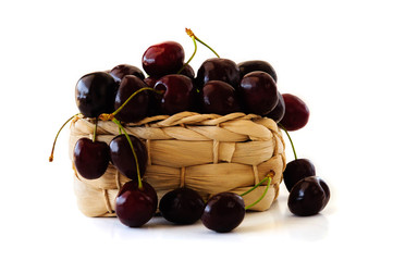 cherry basket fresh cherries background top view