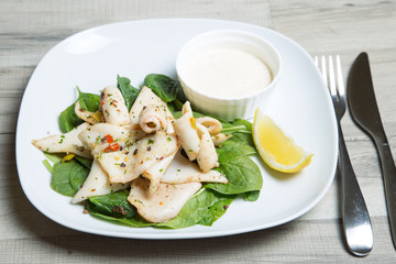 Grilled calamari with spinach and garlic aioli sauce. Selective focus