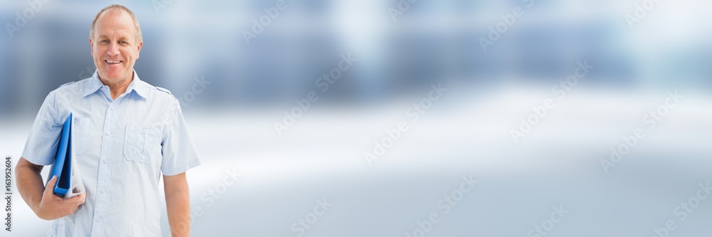 Poster man holding files and folders with blurred background