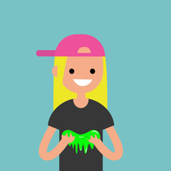 Young female character playing with a slime / flat editable vector illustration, clip art