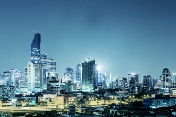 Fototapeta na wymiar Landscape Bangkok city Modern building at twilight, high angle.