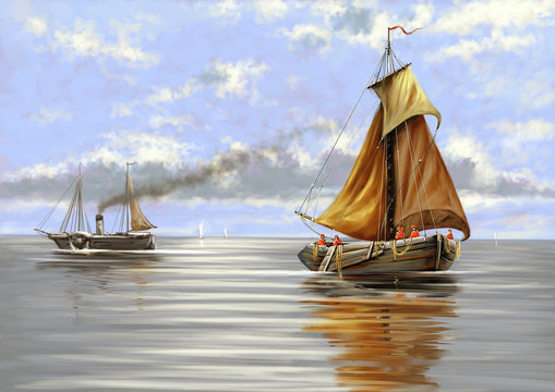 Sea landscape, ships, oil paintings.Digital art.