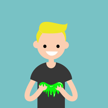 Young character playing with a slime / flat editable vector illustration, clip art