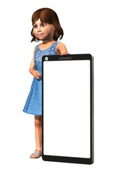 Little girl with a big empty mobile phone on a white background - 3d render 