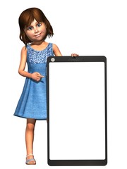 Little girl with a big empty mobile phone on a white background - 3d render 