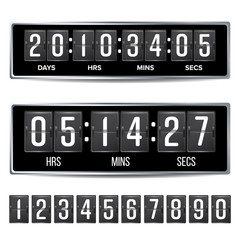 Flip Countdown Timer Vector. Analog Black Digital Scoreboard Template. With Days, Hours, Minutes, Seconds. Isolated Illustration