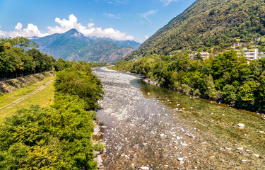 Fototapeta na wymiar View of Maggia river, beginning of famous Maggia valley in canton Ticino of Switzerland