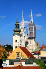 Obraz premium Zagreb skyline with Zagreb Cathedral and St. Mary Church. View from Strossmayer Promenade on Upper Town.