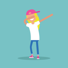 Young female character making DAB dance / flat editable vector illustration, clip art