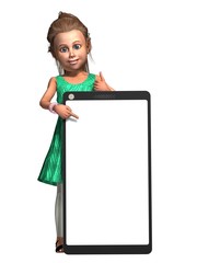 Little girl with a big empty mobile phone on a white background - 3d render 