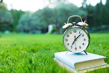 Clock and book on grass.