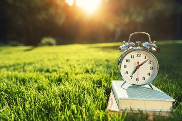 Clock and book on grass.