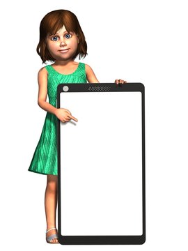 Little girl with a big empty mobile phone on a white background - 3d render 
