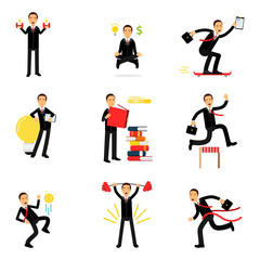Daily routine of successful businessman set, businessman at work metaphor vector Illustrations