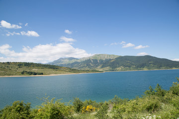 Lake Campotosto, on the horizon Colle Del Vento and Monte di Mezzo, Parco nazionale Gran Sasso e...