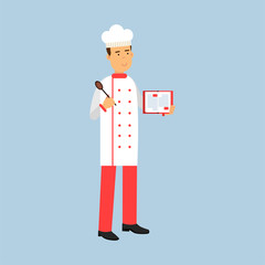 Male chef cook character in uniform standing and holding recipe book and spoon vector Illustration