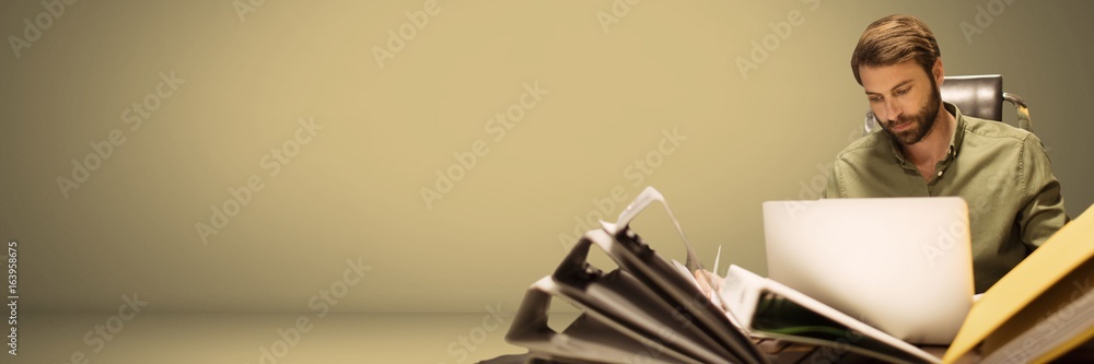 Fototapete Man working with loads of files and folders pile