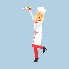Female chef cook character in uniform holding plate with freshly made food and giving thumb up vector Illustration