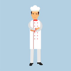 Male chef cook character in white uniform standing with folded arms vector Illustration