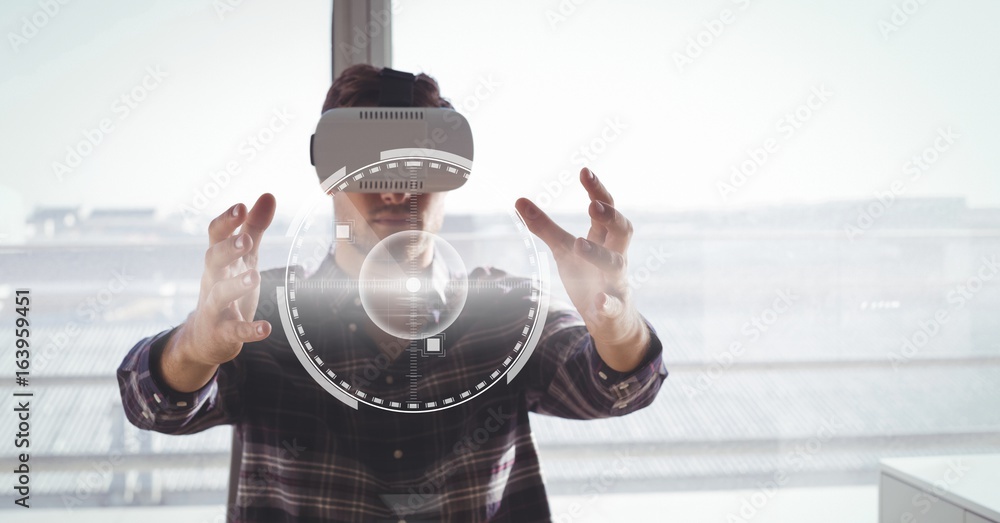 Poster man in vr headset touching interface