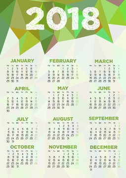Calendar design for 2018 year with abstract polygonal background. Week starts from Monday. Suitable for Europe, Britain, part of Asia on english. Vertical vector illustration