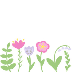 Simple style vector flowers and leaves in row. Isolated cute flowers on white background. Illustration for kids.