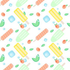 Summer fruit ice-cream pattern. Vector seamless pattern with different popsicles, mint leaves, peaches or apricots and ice cubes on white background. Frozen juice on sticks.