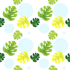 Seamless pattern of tropical leaves and blue circles