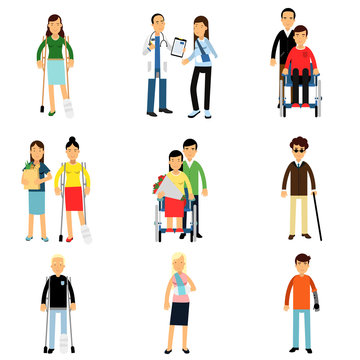 Disabled people characters, handicapped men and women getting medical treatment, health care assistance and accessibility vector Illustrations