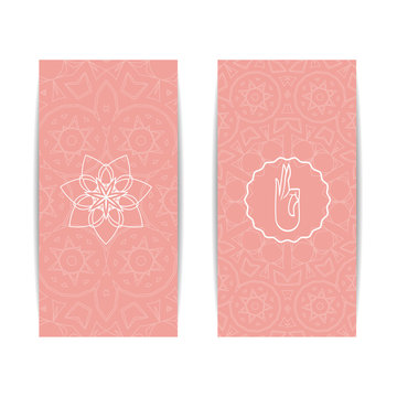Yoga class template. Set of vertical pink flyers with chakra and mandala symbols. Design for yoga class, studio, spa, center, classes, magazine, invitation, gift certificate and presentation
