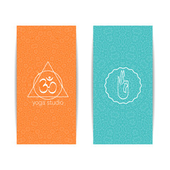 Yoga class template. Set of vertical orange and turquoise flyers with chakra and mandala symbols. Design for yoga class, studio, spa, center, classes, invitation, gift certificate and presentation