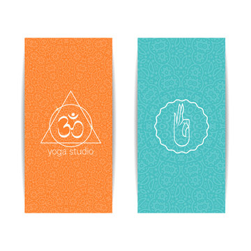 Yoga class template. Set of vertical orange and turquoise flyers with chakra and mandala symbols. Design for yoga class, studio, spa, center, classes, invitation, gift certificate and presentation