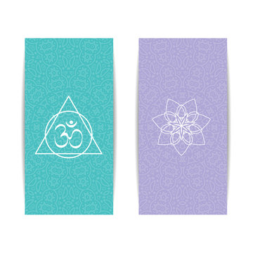 Yoga studio template. Set of vertical purple and turquoise flyers with chakra and mandala symbols. Design for yoga studio, spa, center, classes, poster, magazine, gift certificate and presentation