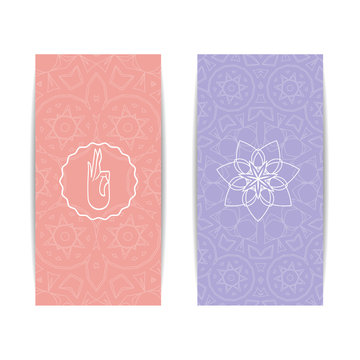 Yoga banner template. Set of vertical pink and purple flyers with chakra and mandala symbols. Design for yoga banner, studio, spa, classes, poster, invitation, gift certificate and presentation