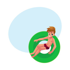 Teenage boy, teenager swimming on floating inflatable ring, top view cartoon vector illustration with space for text. Teen boy, teenager floating on inflatable ring in swimming pool