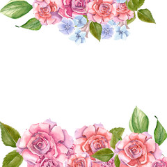 Pink Roses With Leaves Painted In Watercolor Frame