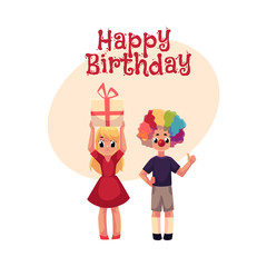 Happy birthday vector greeting card, poster, banner design with Kids, boy in clown wig and red nose, girl holding birthday gift. Two kids, boy and girl, birthday party, with clown nose, hair and gift